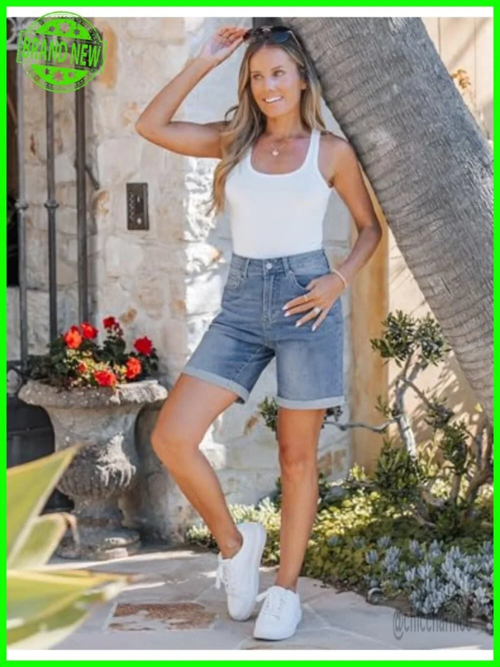 High Waisted Fold Hem Denim Shorts 7 Inch Inseam Stretchy Long Shorts - Picture 4 of 6